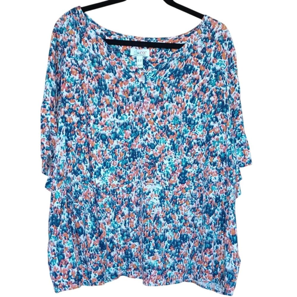 D & Co Summer Floral Top Peplum Hem Fluttery Sleeves Flowy Fabric Women's 3X